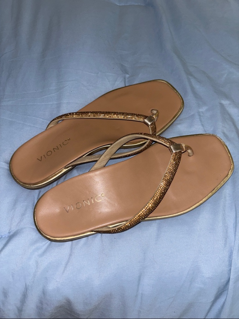 Vionic Tan Brown Metallic Thong Sandals with Gold rhinestone Trim 8